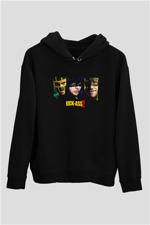 Unisex Kick Ass 2 Baskılı Siyah Kapüşonlu Sweatshirt