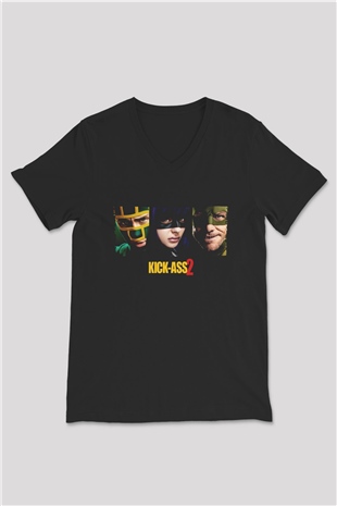 Unisex Kick Ass 2 Baskılı Siyah V Yaka Tshirt