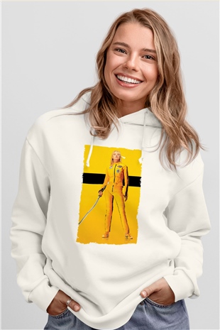 Unisex Kill Bill Baskılı Beyaz Kapüşonlu Sweatshirt