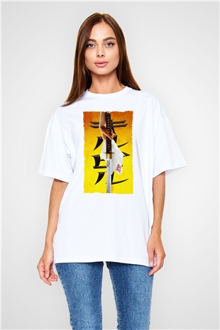 Unisex Kill Bill Baskılı Beyaz Oversize Tişört
