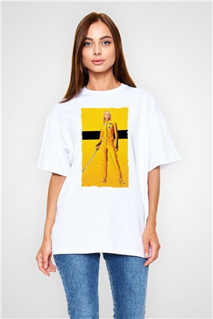 Unisex Kill Bill Baskılı Beyaz Oversize Oversize T-shirt