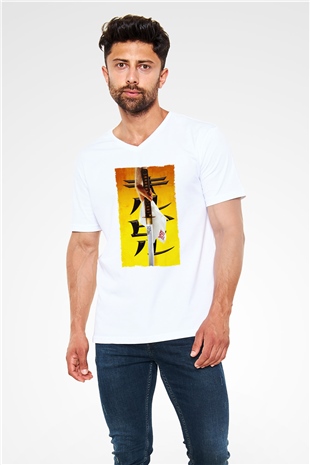 Unisex Kill Bill Baskılı Beyaz V Yaka Tişört