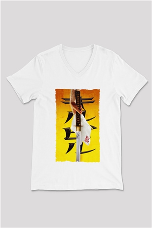 Unisex Kill Bill Baskılı Beyaz V Yaka Tişört