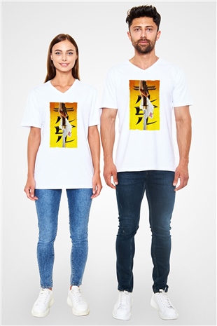 Unisex Kill Bill Baskılı Beyaz V Yaka Tişört