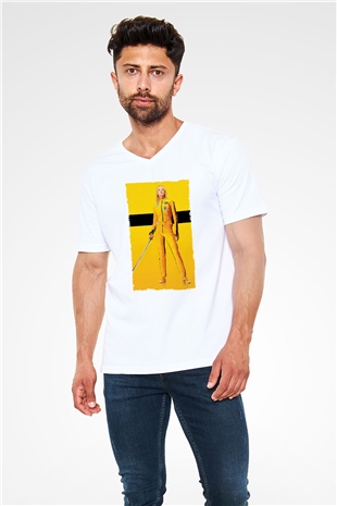 Unisex Kill Bill Baskılı Beyaz V Yaka Tshirt