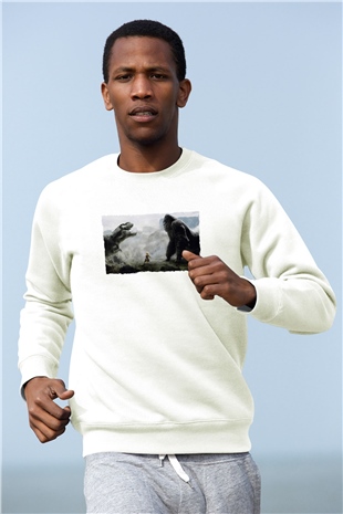 Unisex King Kong Baskılı Beyaz Sweatshirt
