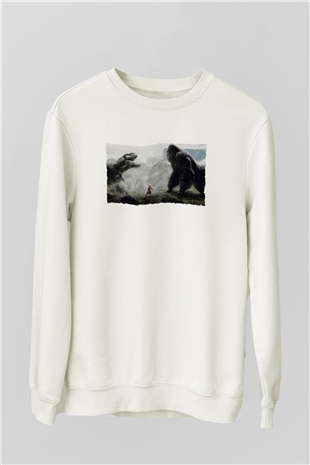 Unisex King Kong Baskılı Beyaz Sweatshirt