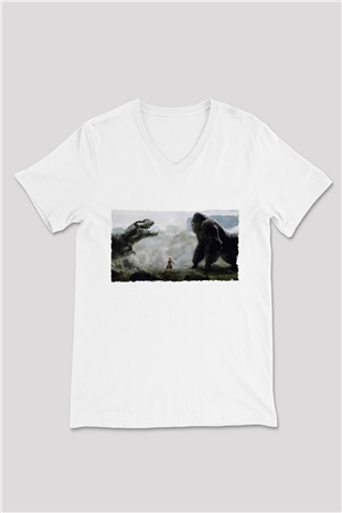 Unisex King Kong Baskılı Beyaz V Yaka Tshirt