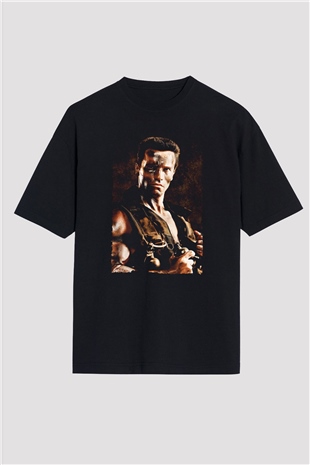 Unisex Komando (Commando) Baskılı Siyah Oversize Tişört