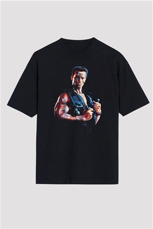 Unisex Komando (Commando) Baskılı Siyah Oversize Tshirt