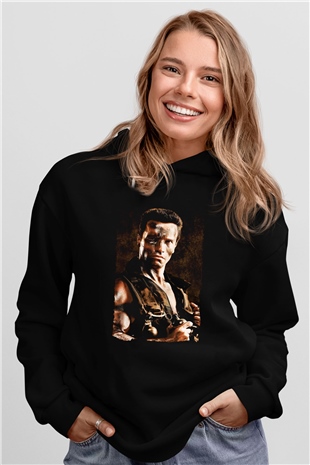 Unisex Komando (Commando) Baskılı Siyah Kapüşonlu Sweatshirt