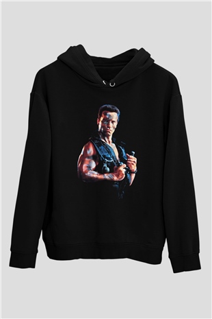 Unisex Komando (Commando) Baskılı Siyah Kapüşonlu Sweatshirt