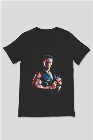 Unisex Komando (Commando) Baskılı Siyah V Yaka Tshirt