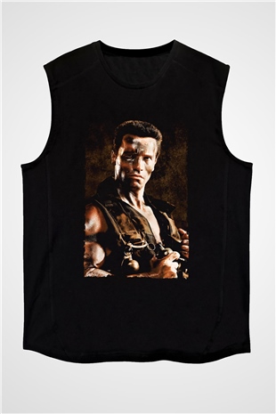Unisex Komando (Commando) Baskılı Siyah Kolsuz Tişört