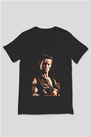 Unisex Komando (Commando) Baskılı Siyah V Yaka Tişört
