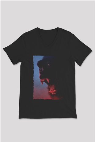 Unisex Kong Kafatası Adası (Kong Skull Island) Baskılı Siyah V Yaka Tişört