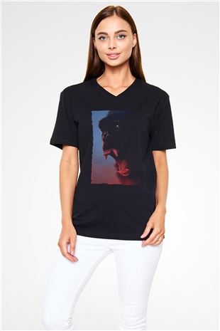 Unisex Kong Kafatası Adası (Kong Skull Island) Baskılı Siyah V Yaka Tişört