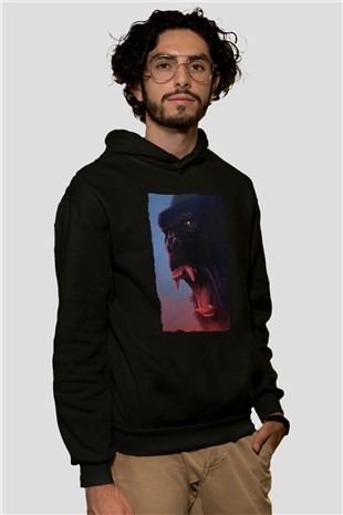 Unisex Kong Kafatası Adası (Kong Skull Island) Baskılı Siyah Kapüşonlu Sweatshirt