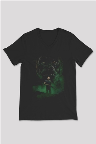 Unisex Kong Kafatası Adası (Kong Skull Island) Baskılı Siyah Unisex V Yaka T-shirt