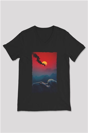 Unisex Kong Kafatası Adası (Kong Skull Island) Baskılı Siyah Unisex V Yaka Tişört