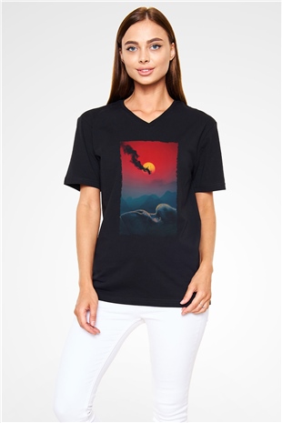 Unisex Kong Kafatası Adası (Kong Skull Island) Baskılı Siyah Unisex V Yaka Tişört