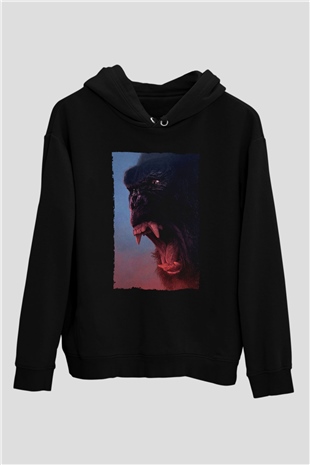 Unisex Kong Kafatası Adası (Kong Skull Island) Baskılı Siyah Kapüşonlu Sweatshirt