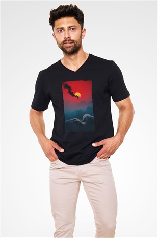 Unisex Kong Kafatası Adası (Kong Skull Island) Baskılı Siyah Unisex V Yaka Tişört
