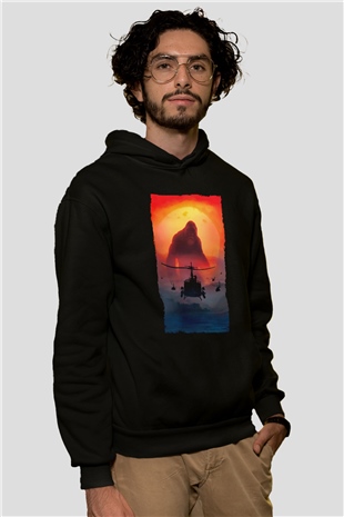 Unisex Kong Kafatası Adası (Kong Skull Island) Baskılı Siyah Unisex Kapüşonlu Sweatshirt