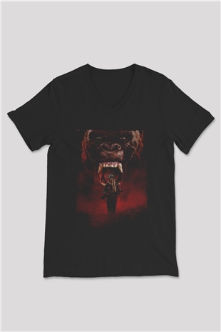 Unisex Kong Kafatası Adası (Kong Skull Island) Baskılı Siyah V Yaka Tshirt