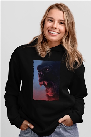 Unisex Kong Kafatası Adası (Kong Skull Island) Baskılı Siyah Kapüşonlu Sweatshirt