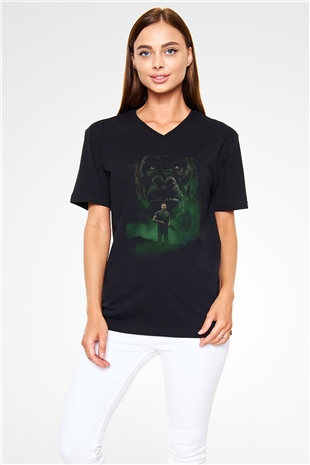 Unisex Kong Kafatası Adası (Kong Skull Island) Baskılı Siyah Unisex V Yaka T-shirt