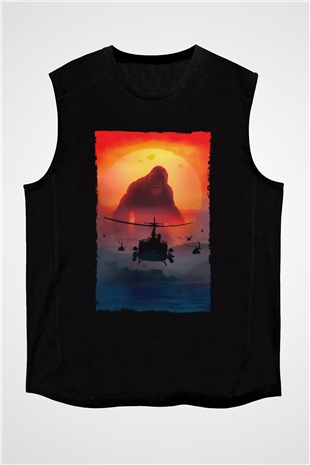 Unisex Kong Kafatası Adası (Kong Skull Island) Baskılı Siyah Unisex Kolsuz Tshirt