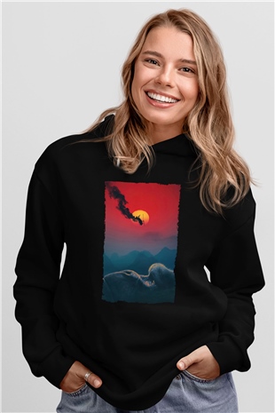 Unisex Kong Kafatası Adası (Kong Skull Island) Baskılı Siyah Unisex Kapüşonlu Sweatshirt