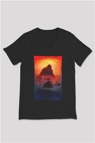 Unisex Kong Kafatası Adası (Kong Skull Island) Baskılı Siyah Unisex V Yaka Tshirt