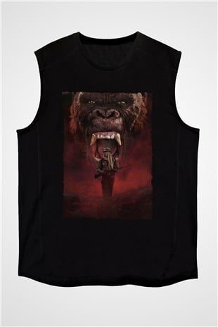 Unisex Kong Kafatası Adası (Kong Skull Island) Baskılı Siyah Kolsuz Tshirt