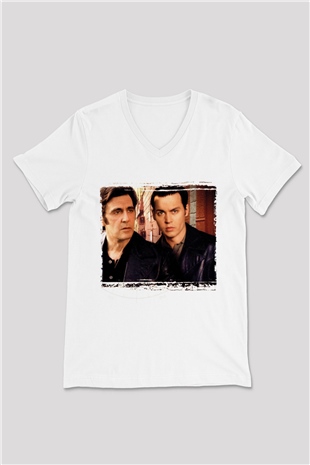 Unisex Köstebek (Donnie Brasco) Baskılı Beyaz V Yaka Tişört