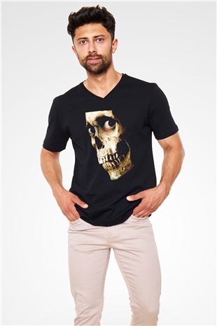 Unisex Kötü Ruh (Evil Dead) Baskılı Siyah V Yaka T-shirt