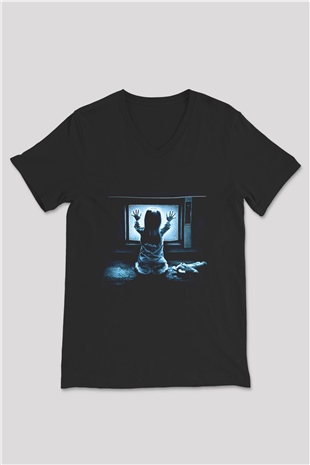 Unisex Kötü Ruh (Poltergeist) Baskılı Siyah V Yaka T-shirt
