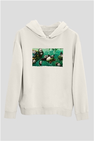 Unisex Kung Fu Panda Baskılı Beyaz Kapüşonlu Sweatshirt