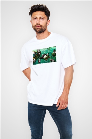 Unisex Kung Fu Panda Baskılı Beyaz Oversize Tişört