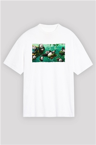 Unisex Kung Fu Panda Baskılı Beyaz Oversize Tişört