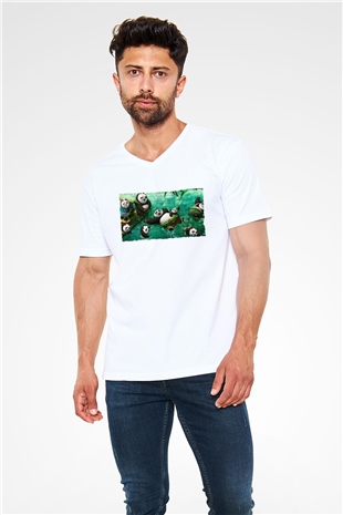 Unisex Kung Fu Panda Baskılı Beyaz V Yaka Tişört