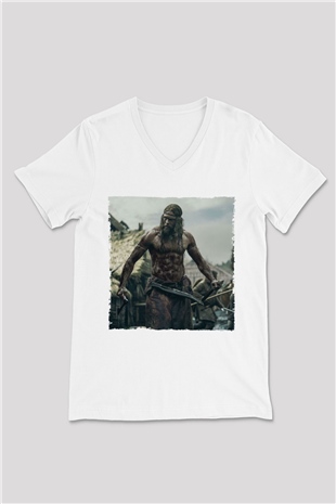 Unisex Kuzeyli (The Northman) Baskılı Beyaz V Yaka Tshirt