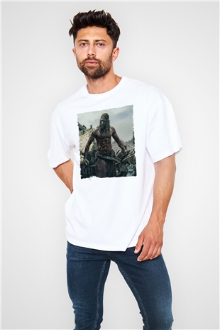 Unisex Kuzeyli (The Northman) Baskılı Beyaz Oversize Oversize T-shirt