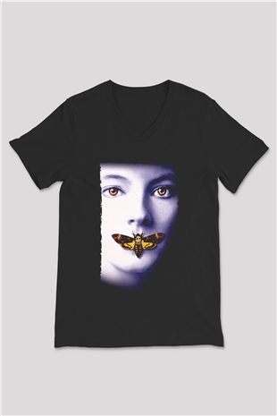 Unisex Kuzuların Sessizliği (The Silence of the Lambs) Baskılı Siyah V Yaka Tişört