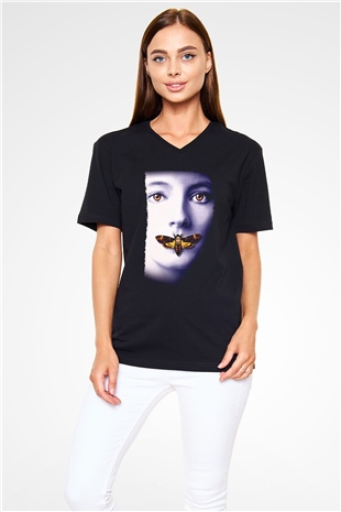 Unisex Kuzuların Sessizliği (The Silence of the Lambs) Baskılı Siyah V Yaka Tişört