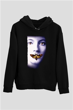 Unisex Kuzuların Sessizliği (The Silence of the Lambs) Baskılı Siyah Kapüşonlu Sweatshirt