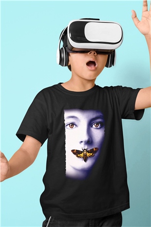 Unisex Kuzuların Sessizliği (The Silence of the Lambs) Baskılı Siyah Çocuk Tişört