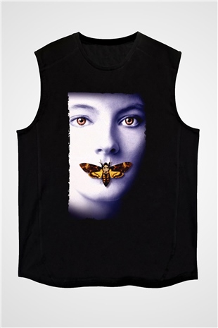Unisex Kuzuların Sessizliği (The Silence of the Lambs) Baskılı Siyah Kolsuz Tişört