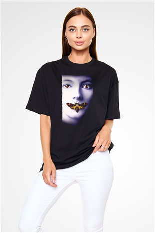 Unisex Kuzuların Sessizliği (The Silence of the Lambs) Baskılı Siyah Oversize Tişört